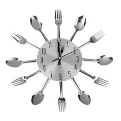 Carrie RStocker Spoon Fork Wall Clock for Kitchen Dining Room Decoration (Silver)