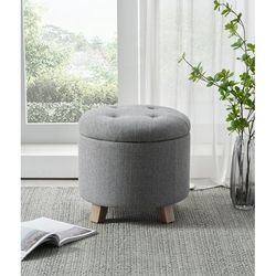 Carrie RStocker Round Tufted Storage Ottoman, Gray Faux Linen