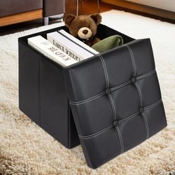 Carrie RStocker 15" Folding Storage Ottoman Cube Footstool Ottoman Bench with Storage, Faux Leather, Black