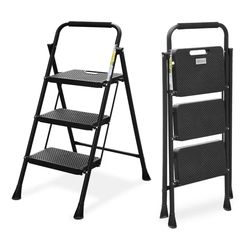 Carrie RStocker Folding 3-Step Ladder in Black Anti-Slip with Steel Handgrip 500lbs for Indoor and Outdoor