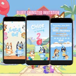 Bluey video invitation, Bluey birthday party animated invite, Bluey mobile digital custom video evite, e invitation