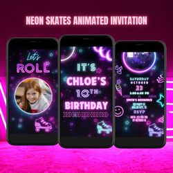 Roller Skating Video Birthday invitation, let's roll roller skate party e-invitation, girls animated neon rainbow evite