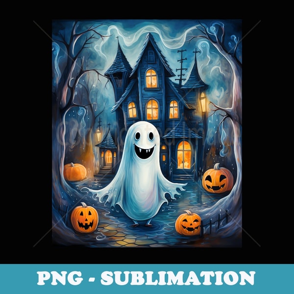 House Haunted by Cute Ghost in Pumpkin Patch - Signature Sublimation PNG File