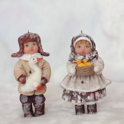 Two miniature interior dolls, Unique gift for friends, Dollhouse miniatures, Christmas tree decoration, Easter gift