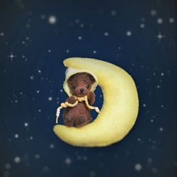 Miniature brown teddy bear on the moon, Dollhouse miniatures, Pet for a doll, Cute unique gift for a girl