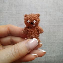 Miniature brown teddy bear, Tiny vintage bear, Unusual mini fluffy teddy, Dollhouse miniatures, Cute funny toy