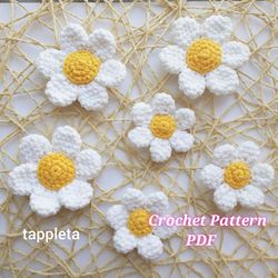 Daisy flowers 2 sizes crochet pattern, Amigurumi daisy flowers aplique, Crochet summer flowers pattern Mother day flower