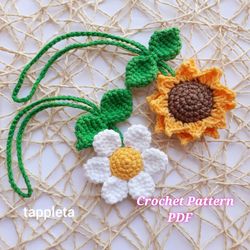 Daisy and Sunflower charm crochet pattern, Crochet daisy rear view mirror car charm, Crochet flowers car decoration
