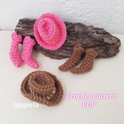 Mini cowboy hat and boots crochet pattern, mini cowboy boots crochet, cowgirl hat and boots accessories or bag charm