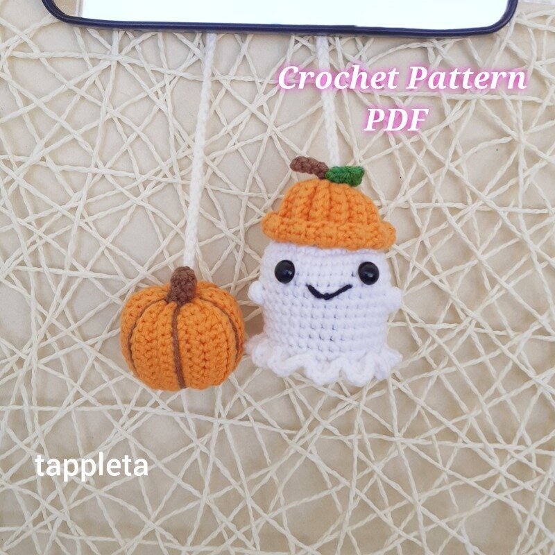 Ghost And Pumpkin Car Hanger Crochet Pattern Halloween Car Accessories Crochet Ghost With Pumpkin Hat Fall Car Decor 1