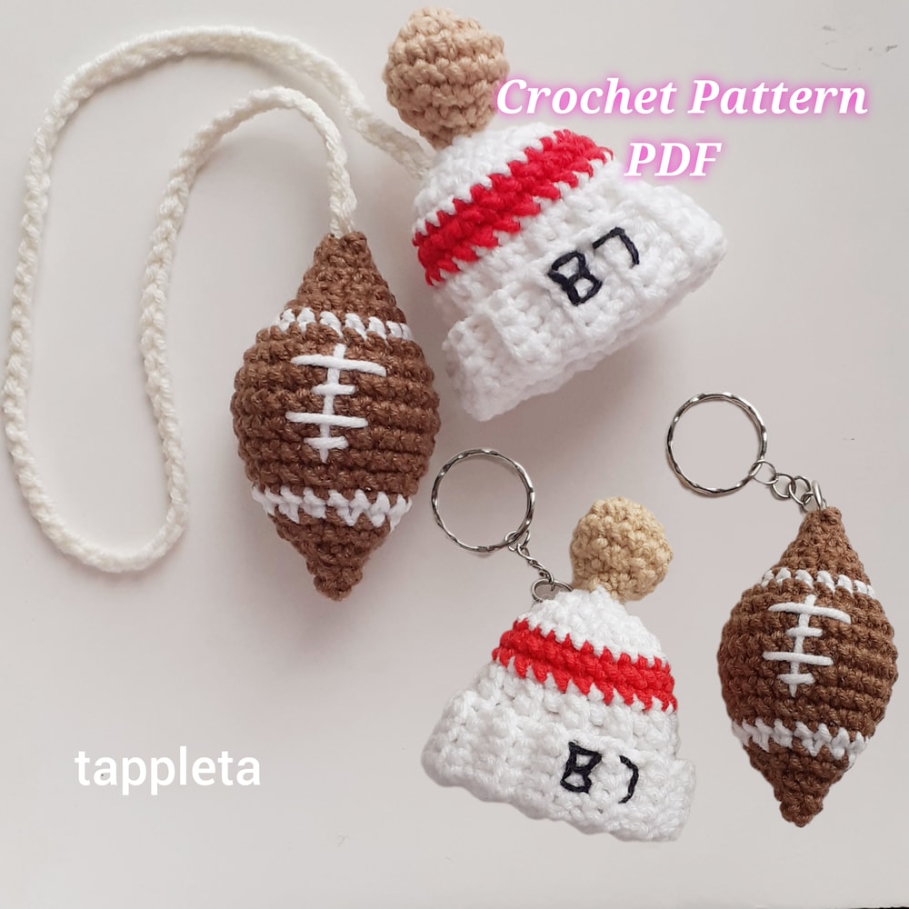 Football Fan Charm Keychain Crochet Pattern Rear View Mirror Car Charm For Swiftie Red Striped Beanie Hat 87 Taylor 3