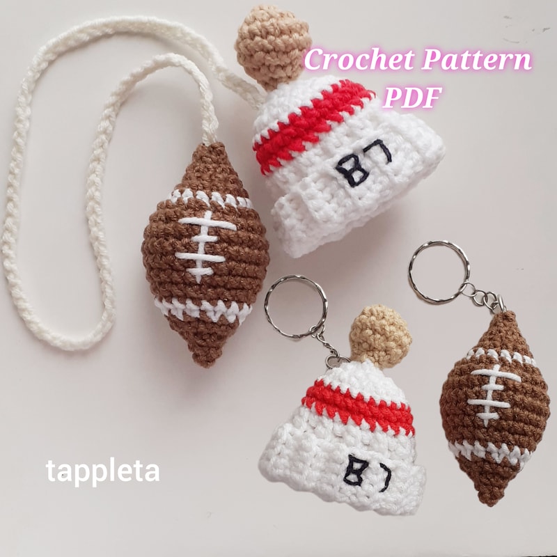 Football Fan Charm Keychain Crochet Pattern Rear View Mirror Car Charm For Swiftie Red Striped Beanie Hat 87 Taylor 3