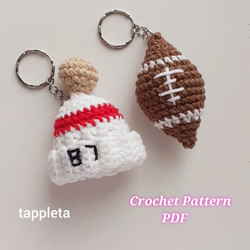 Football Fan Charm Keychain Crochet Pattern Rear View Mirror Car Charm For Swiftie Red Striped Beanie Hat 87 Taylor 2