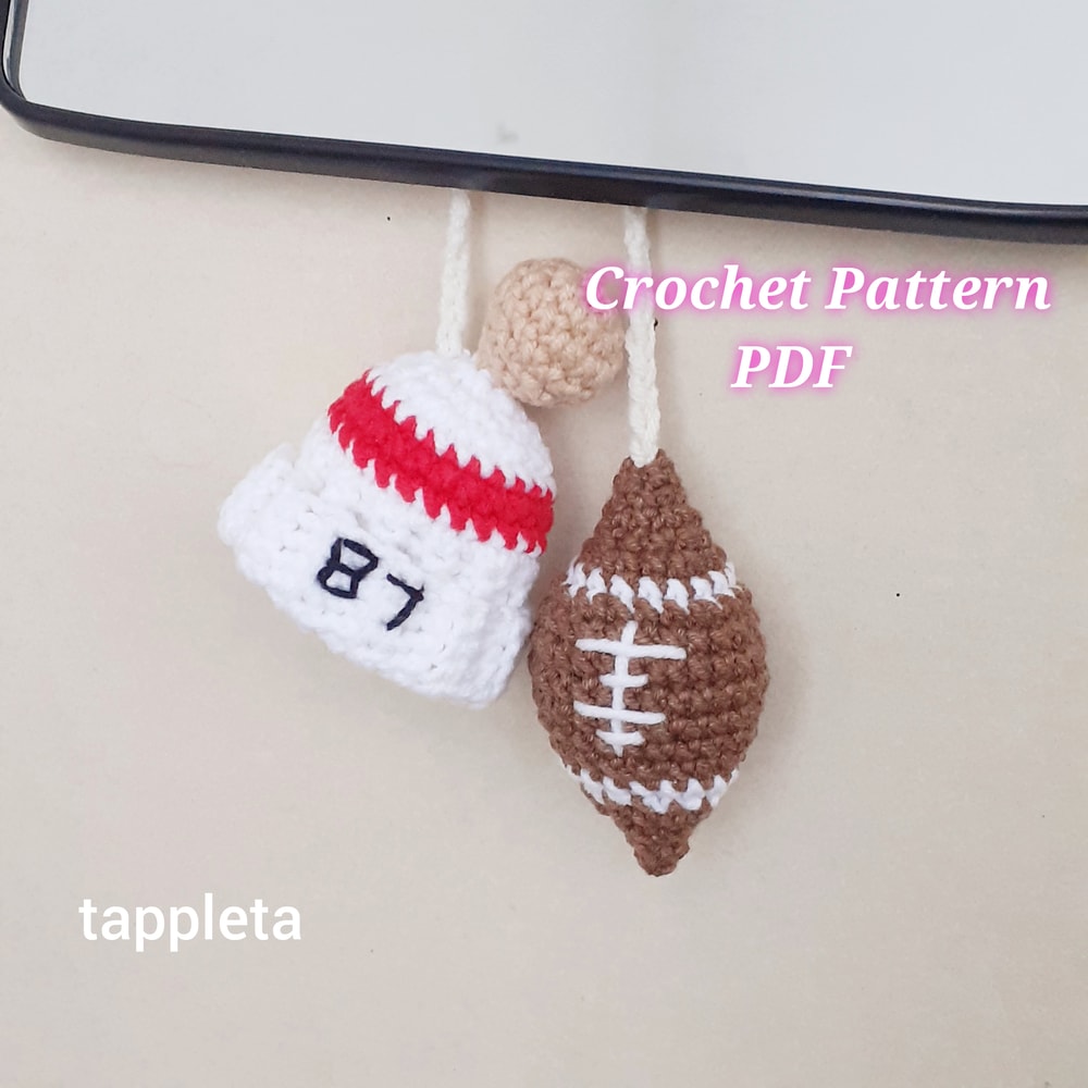 Football Fan Charm Keychain Crochet Pattern Rear View Mirror Car Charm For Swiftie Red Striped Beanie Hat 87 Taylor 1