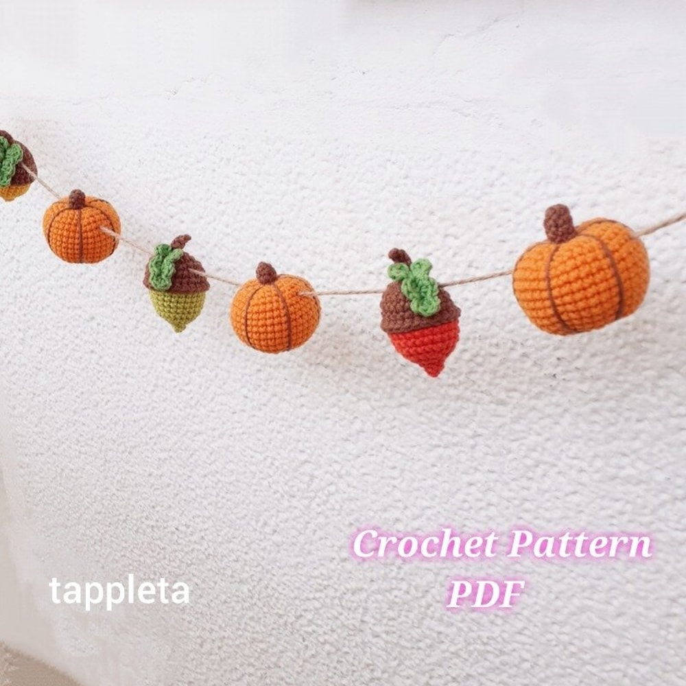 Acorn And Pumpkin Garland Crochet Pattern Fall Crochet Decoration Pattern Nursery Garland Thanksgiving Handmade 2