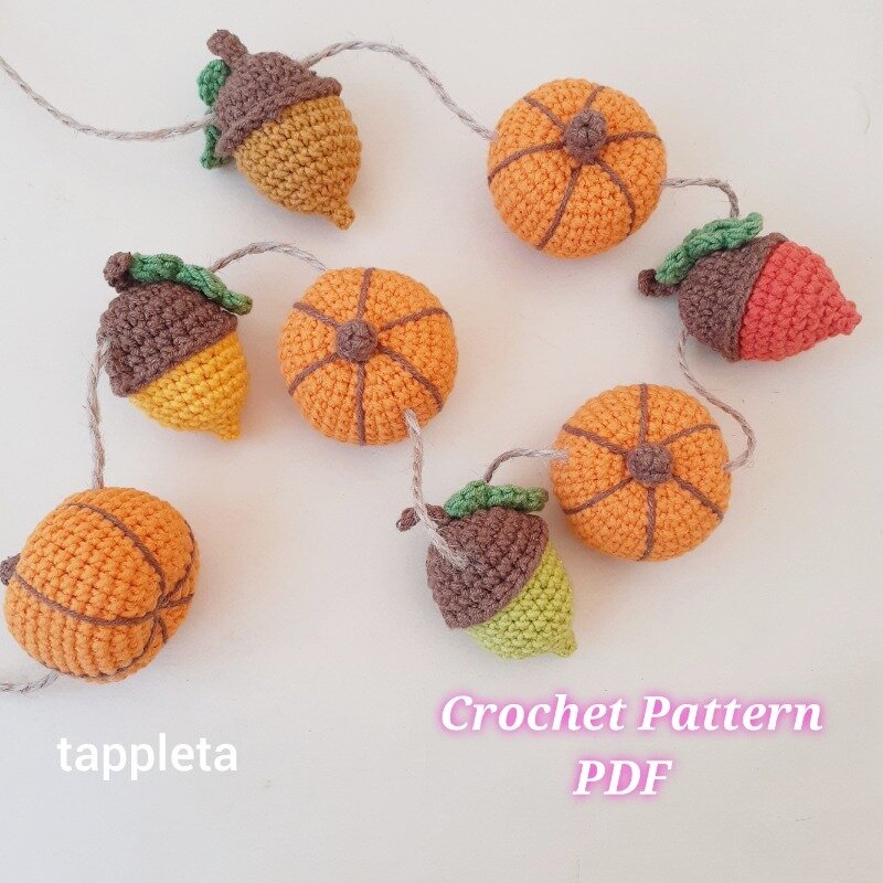 Acorn And Pumpkin Garland Crochet Pattern Fall Crochet Decoration Pattern Nursery Garland Thanksgiving Handmade 3