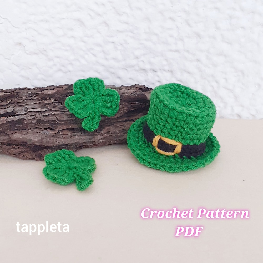 Leprechaun Hat Mini Crochet Pattern St Patricks Day Mini Top Hat With Crochet Shamrock Applique Tin 0
