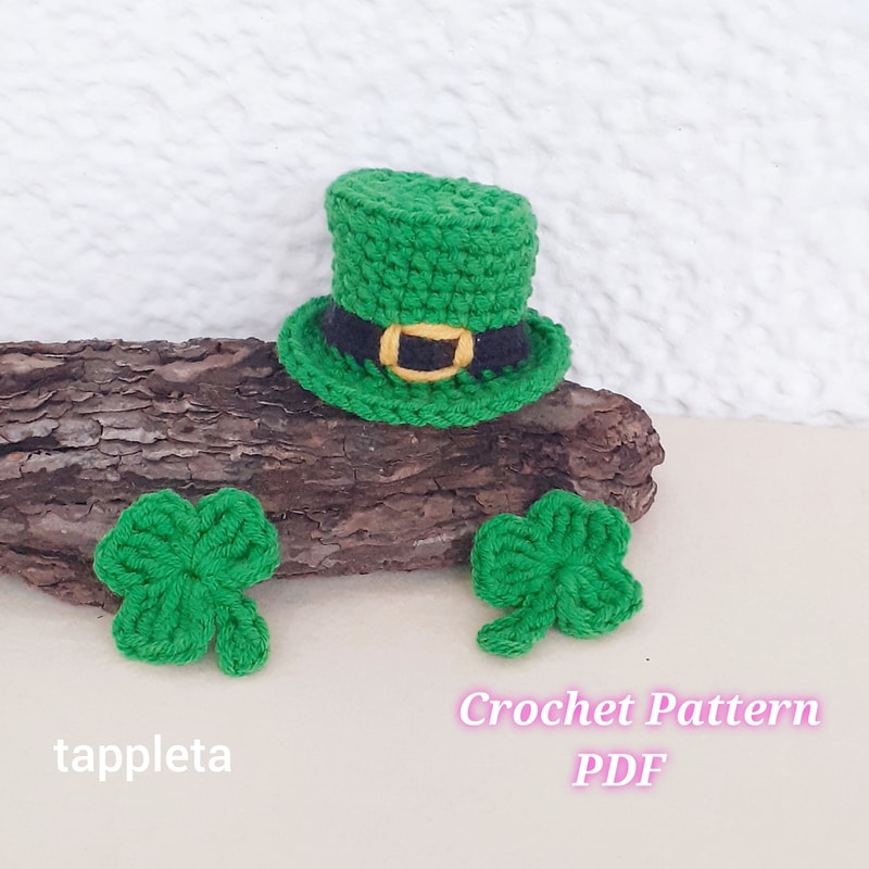 Leprechaun Hat Mini Crochet Pattern St Patricks Day Mini Top Hat With Crochet Shamrock Applique Tin 2