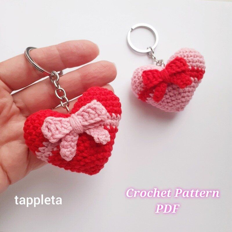 Heart With Bow Keychain Crochet Pattern Coquette Heart Crochet Valentines Matching Keychains Couple 0