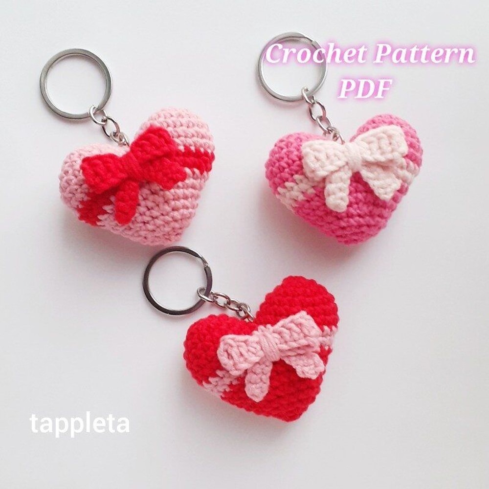 Heart With Bow Keychain Crochet Pattern Coquette Heart Crochet Valentines Matching Keychains Couple 1