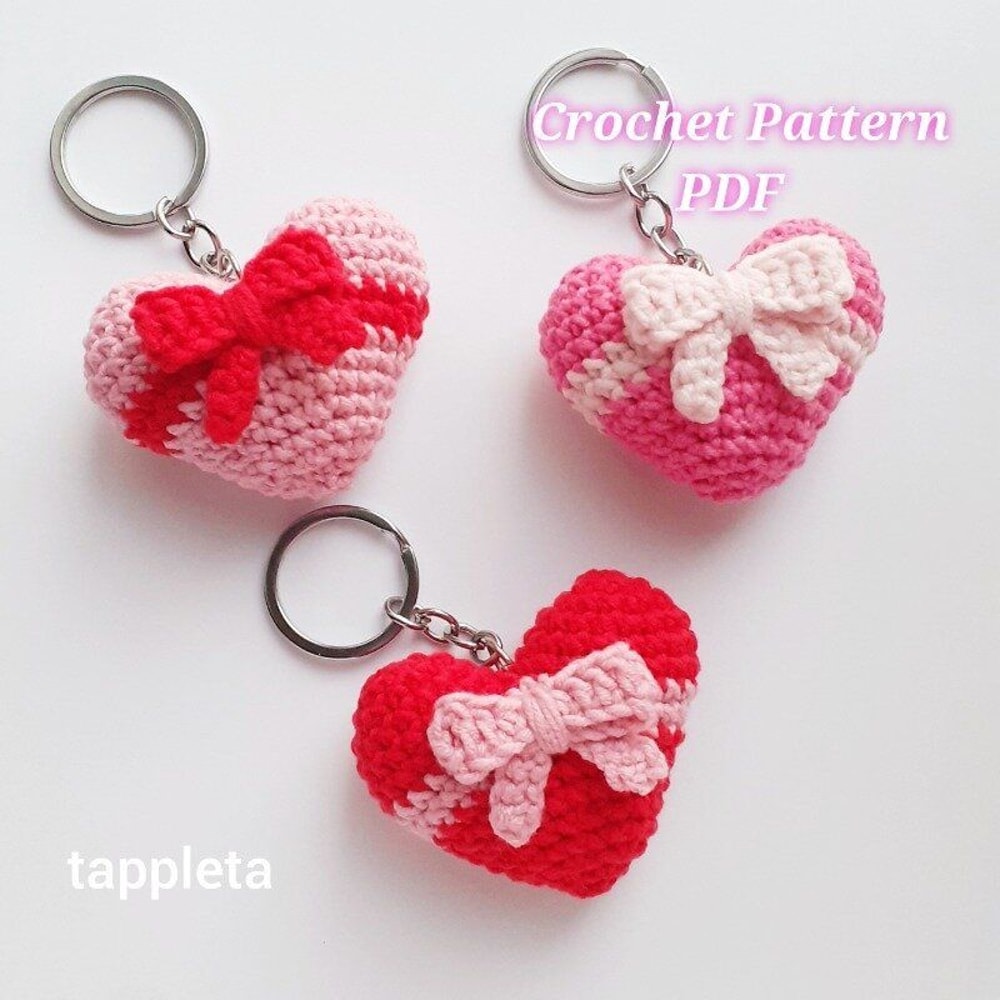 Heart With Bow Keychain Crochet Pattern Coquette Heart Crochet Valentines Matching Keychains Couple 2