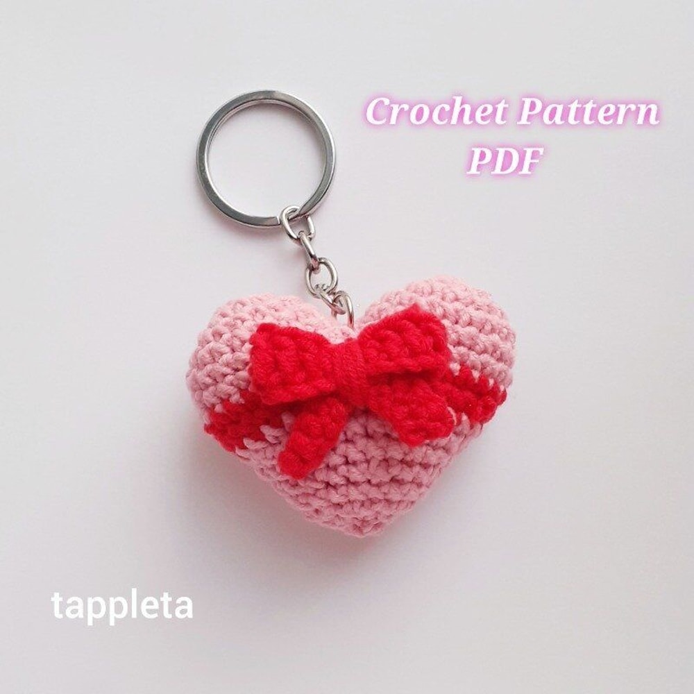 Heart With Bow Keychain Crochet Pattern Coquette Heart Crochet Valentines Matching Keychains Couple 3