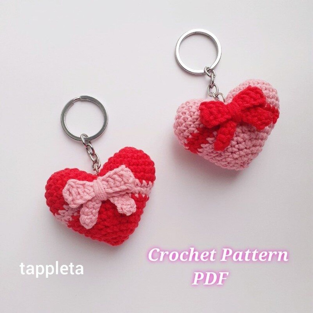 Heart With Bow Keychain Crochet Pattern Coquette Heart Crochet Valentines Matching Keychains Couple 4