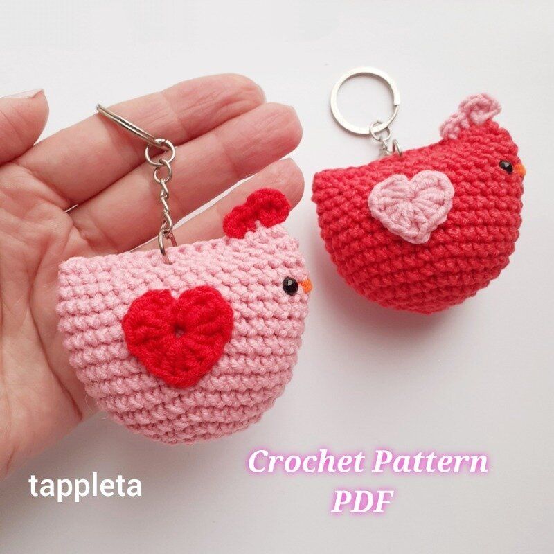 Valentine Chicken Keychain Crochet Pattern Pink Chicken With Heart Valentines Keychains For Couple