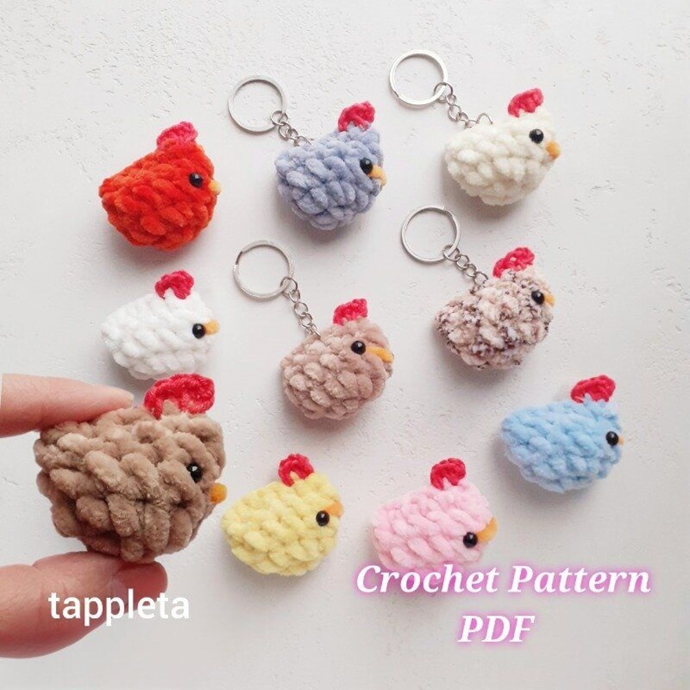 Mini Chicken Keychain Crochet Pattern Plushie Keychains Chicken Lover Gift Purse Charm Kids Pocket 3