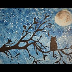 Cat painting Cat under the moon cats Cat drawing at night Original painting Cat Wall art Black cat Original art Cat Wall