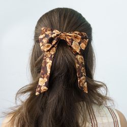 Brown ponytail bow Classic bow barrette Satin hairpin with roses Girl elegant hair accessory Long tail clip bow Romantic