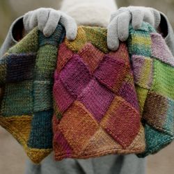 Entrelac knitted beanie Rainbow beanie wool Slouchy beanie Women knit hat Loose multicolor warm cap Orange Blue Pink hat