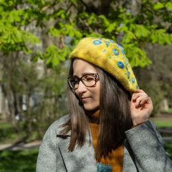 Yellow blue beret women gift Handknit embroidered hat Unique hand embroidered Beret femme Slouchy knit beret yellow hat