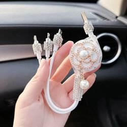 Retractable 3-in-1 Car Charger | Car Charger Rhinestone 3-in-1 USB Charger Cable | Cute 3-in-1 Fast Charger Cord | Women
