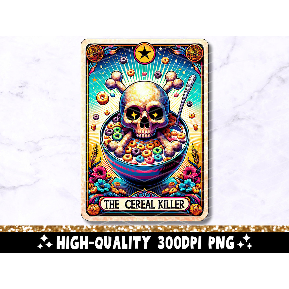 Cereal Killer Funny Tarot Card PNG, Sarcastic Skeleton Sublimation Design, Witchy Skull True Crime Lover Trendy TShirt Mug PNG File Download 1.jpg