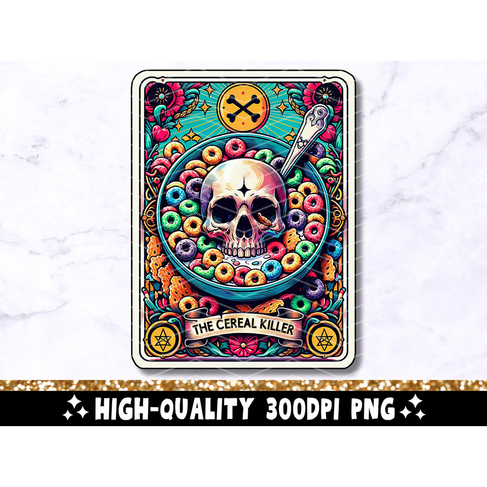 Cereal Killer Funny Tarot Card PNG, Sarcastic Skeleton Sublimation Design, Witchy Skull True Crime Lover Trendy TShirt Mug PNG File Download.jpg