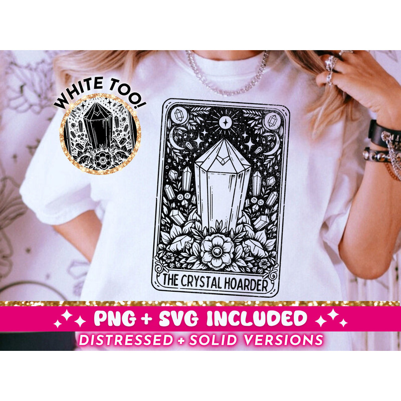 Crystal Hoarder Tarot Card SVG PNG, Witchy Crystals Funny Skeleton Sublimation Design, Gothic T-Shirt png SVG Cut File, Digital Download.jpg