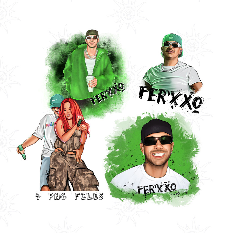Bundle of 4 Feid El Ferxxo PNG hand drawn sublimation designs, no background, new 2024 Friki, Ferxxoo art, digital download 1.jpg