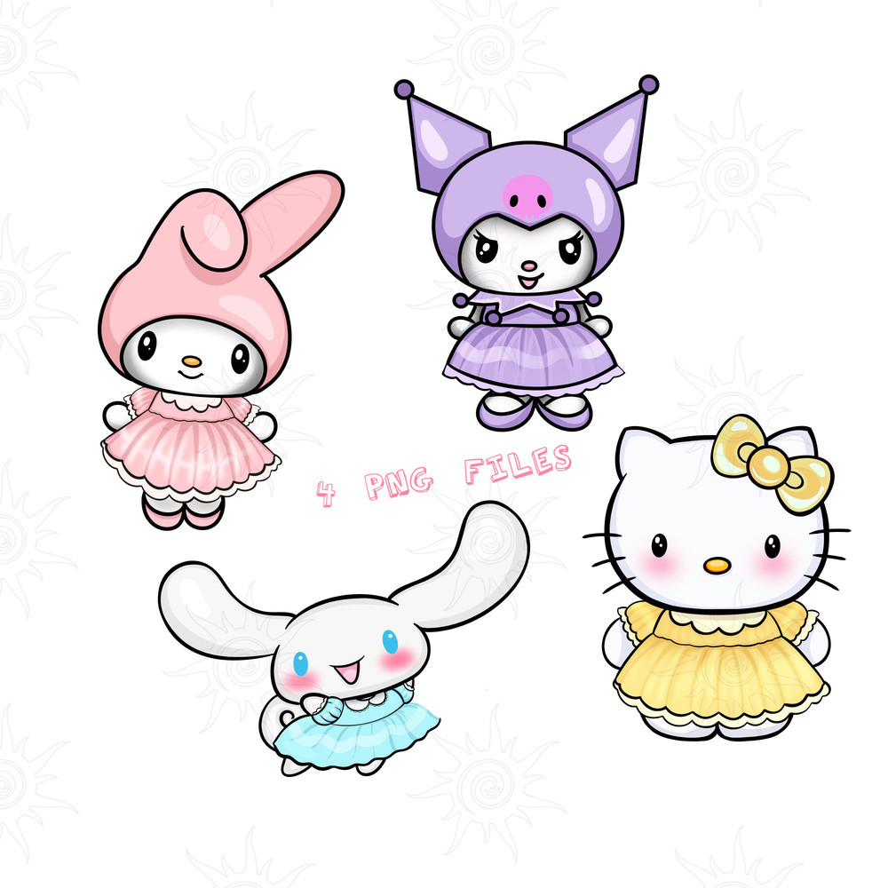 Bundle of 4 Sweet Kawaii Kitty PNG digital file, M-lody, Hello Kawaii Kitty in pastel dress, Easter Sublimation Designs, cartoon characters.jpg