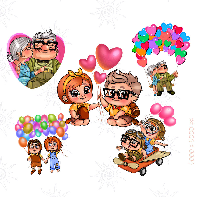 Bundle of 5 Up Balloon House digital PNG, Carl and Ellie couple PNG Sublimation, St Valentines Day design, instant download, digital file.jpg