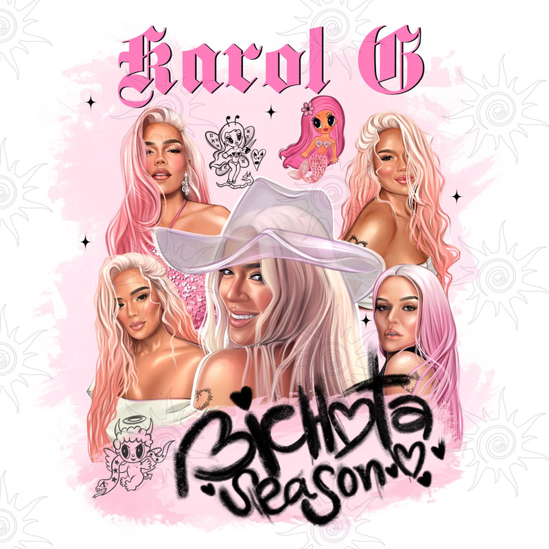 Bundle PNG file of Karol G hand drawn, Doll Fans pink hair, mermaid, sublimation designs, no background, Bichota season,digital download.jpg