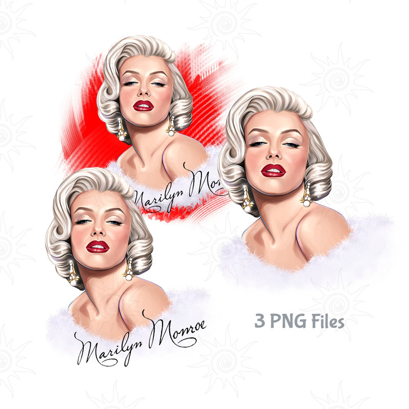 Printable  set of 3 Marilyn Monroe PNG hand drawn sublimation designs, no background, art digital download.jpg