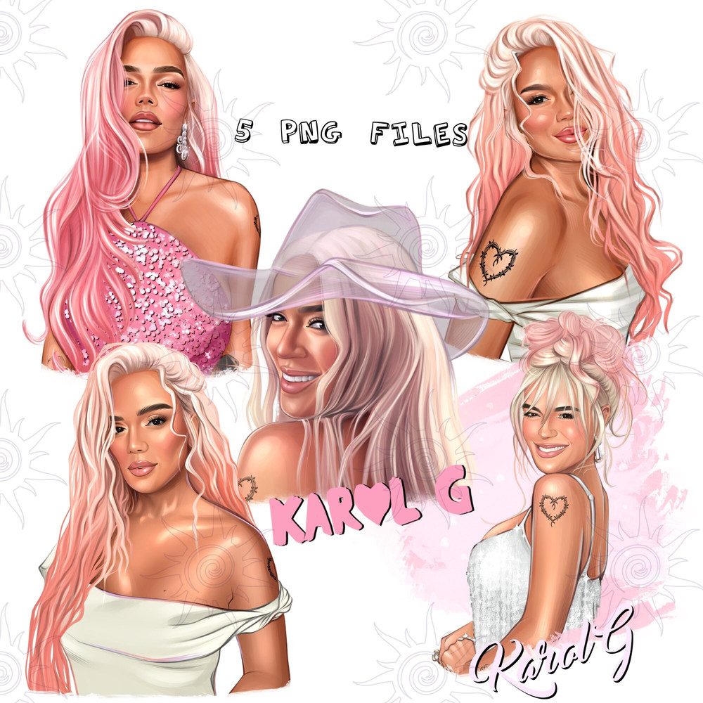 Printable  set of 5 Karol G PNG hand drawn sublimation designs, no background, new rosy pink hair Gatubela, art digital download.jpg