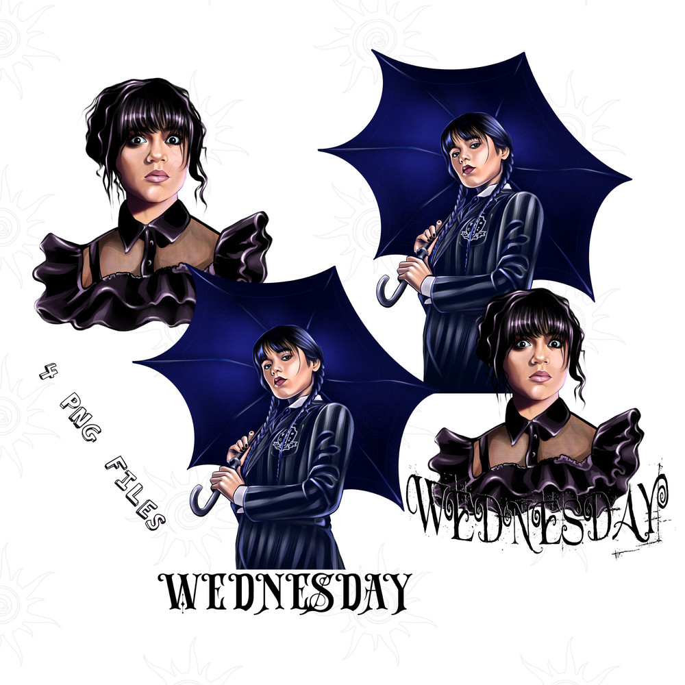 Wednesday Bundle of 4 PNG, Girl Wednesday Design, Addams Sublimation, Digital, Jenna Ortega png, Addams family clipart, digital file.jpg