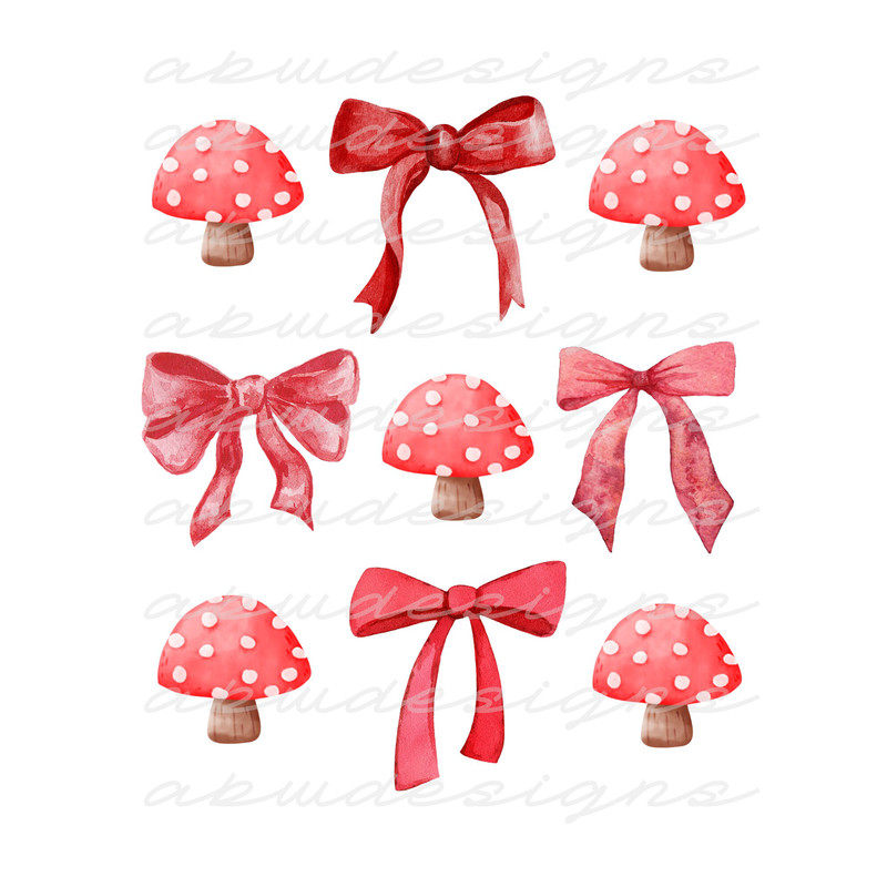Cottage Mushrooms and Bows PNG, Cottage png, Mushrooms png, Bows png, sublimation, digital.jpg