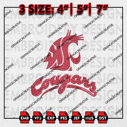 Washington State Cougars Mascot Logo Emb files, NCAA Embroidery Designs, 3 size, NCAA Team Machine Embroidery Digital
