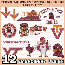 12 Virginia Tech Hokies Logo Bundle Emb files, NCAA Embroidery Designs, Bundle NCAA Machine Embroidery Digital