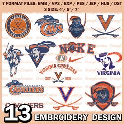 13 Virginia Cavaliers Logo Bundle Emb files, NCAA Virginia Embroidery Designs, Bundle NCAA Machine Embroidery Digital