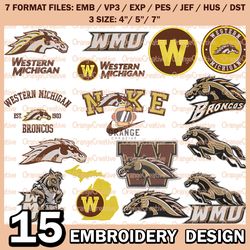 15 Western Michigan Broncos Logo Bundle Emb files, NCAA Embroidery Designs, Bundle NCAA Machine Embroidery Digital