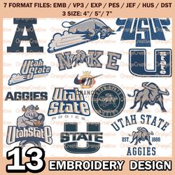 13 Utah State Aggies Logo Bundle Emb files, NCAA Bundle Embroidery Designs, NCAA Machine Embroidery Digital